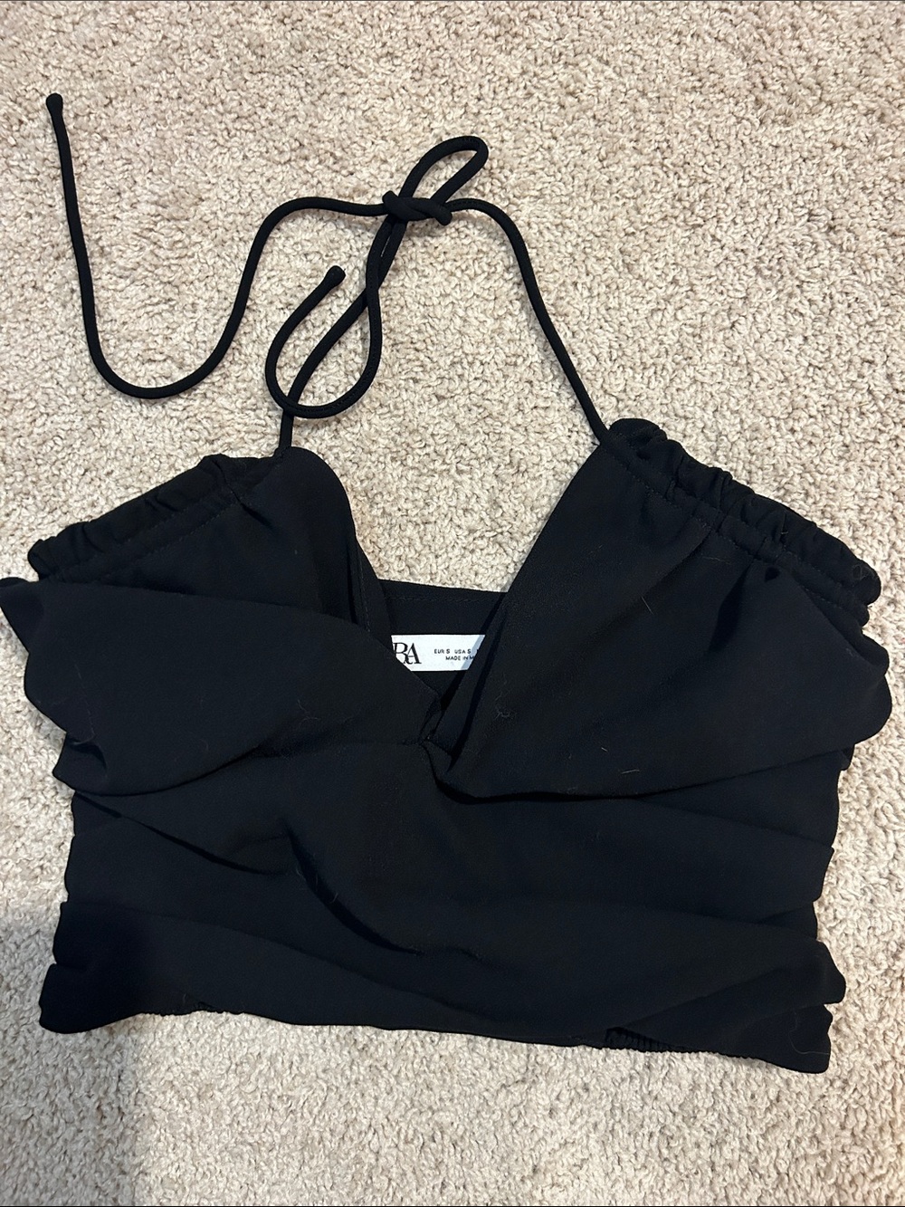 Zara Black Ruched Halter Crop Top | Open Shoulder Going Out Top
